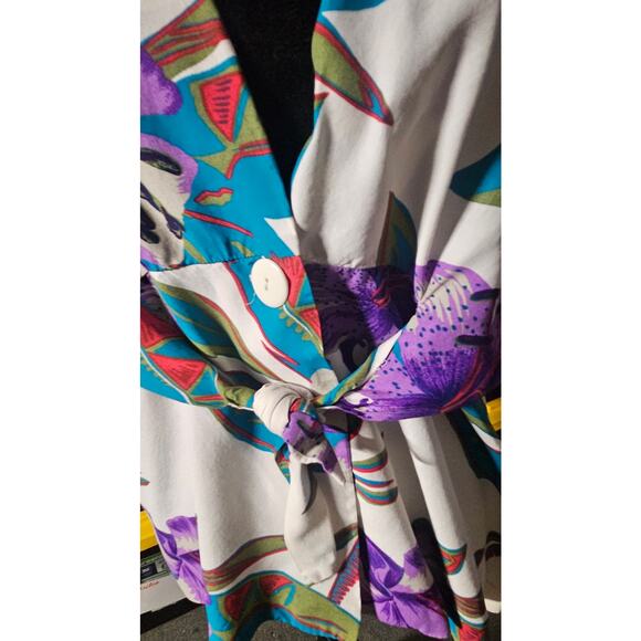 Vintage 80s Tropical Floral Blouse Tie Front Purple Teal Shoulder Pads Top M - Picture 14 of 14